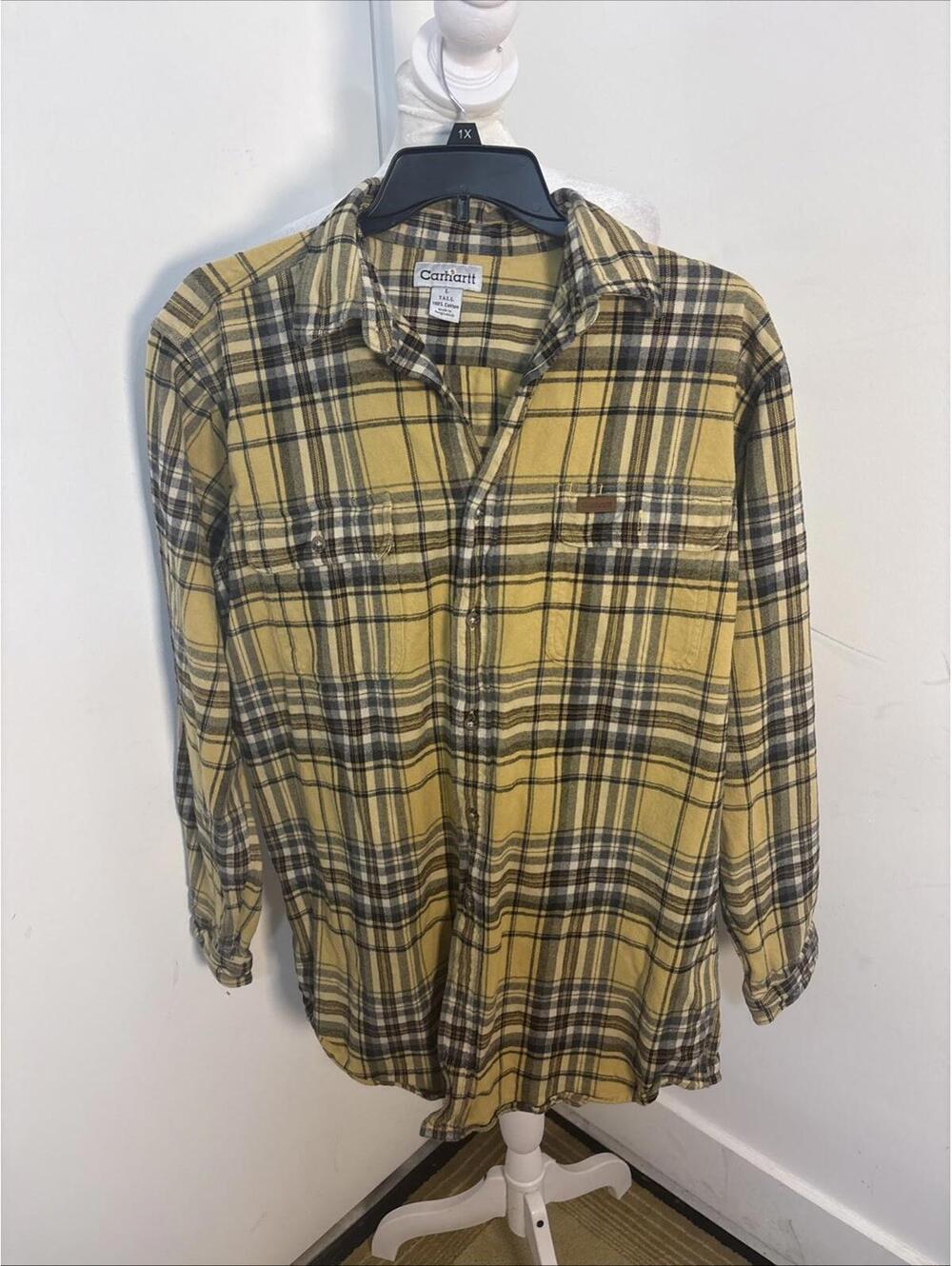 Men's Carhartt Yellow Flannel 100% Cotton Size Large Tall work chore shirt